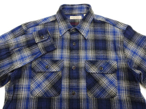 Sugar Cane Men's Vintage-Style Brushed Plaid Flannel Long-Sleeve Work Shirt - Fiction Romance Collection - 100% Cotton Herringbone Twill, Made in Japan (SC29584 128 Navy Blue)