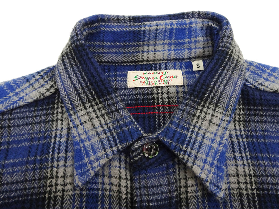 Sugar Cane Men's Vintage-Style Brushed Plaid Flannel Long-Sleeve Work Shirt - Fiction Romance Collection - 100% Cotton Herringbone Twill, Made in Japan (SC29584 128 Navy Blue)