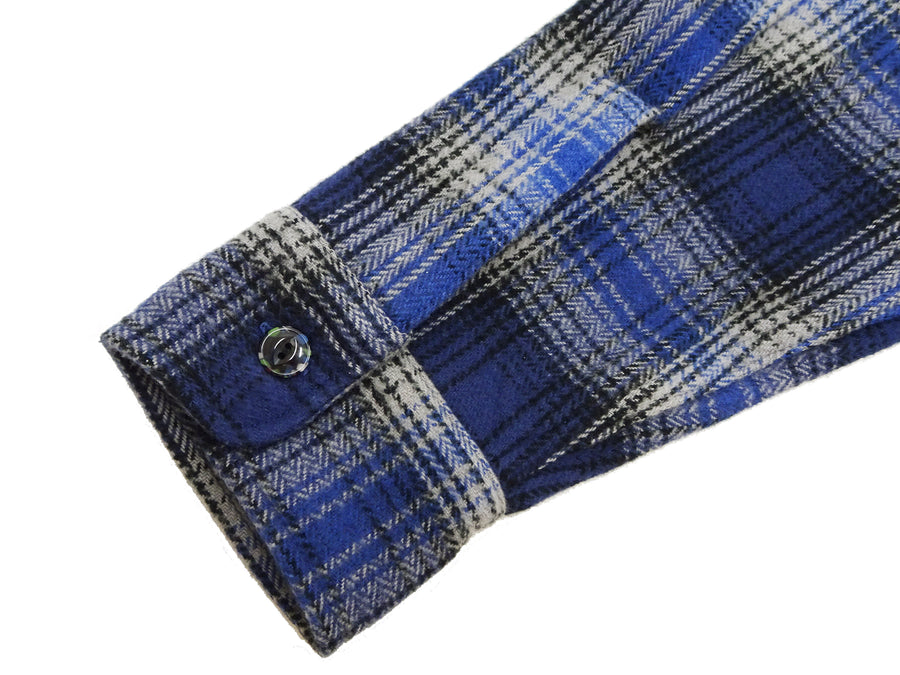 Sugar Cane Men's Vintage-Style Brushed Plaid Flannel Long-Sleeve Work Shirt - Fiction Romance Collection - 100% Cotton Herringbone Twill, Made in Japan (SC29584 128 Navy Blue)
