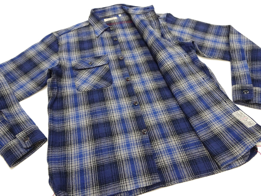 Sugar Cane Men's Vintage-Style Brushed Plaid Flannel Long-Sleeve Work Shirt - Fiction Romance Collection - 100% Cotton Herringbone Twill, Made in Japan (SC29584 128 Navy Blue)