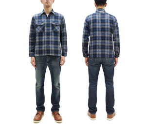 Sugar Cane Men's Vintage-Style Brushed Plaid Flannel Long-Sleeve Work Shirt - Fiction Romance Collection - 100% Cotton Herringbone Twill, Made in Japan (SC29584 128 Navy Blue)