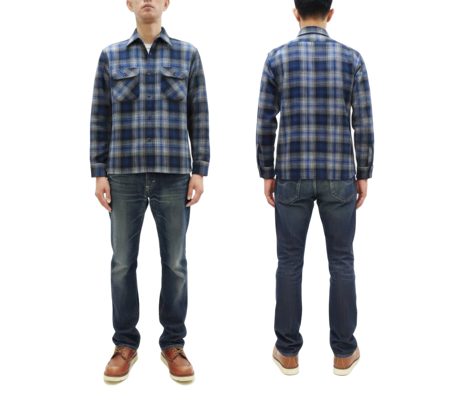 Sugar Cane Men's Vintage-Style Brushed Plaid Flannel Long-Sleeve Work Shirt - Fiction Romance Collection - 100% Cotton Herringbone Twill, Made in Japan (SC29584 128 Navy Blue)