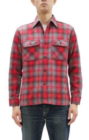 Sugar Cane Men's Vintage-Style Brushed Plaid Flannel Long-Sleeve Work Shirt - Fiction Romance Collection - 100% Cotton Herringbone Twill, Made in Japan (SC29584 165 Red)