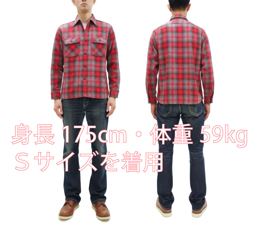 Sugar Cane Men's Vintage-Style Brushed Plaid Flannel Long-Sleeve Work Shirt - Fiction Romance Collection - 100% Cotton Herringbone Twill, Made in Japan (SC29584 165 Red)
