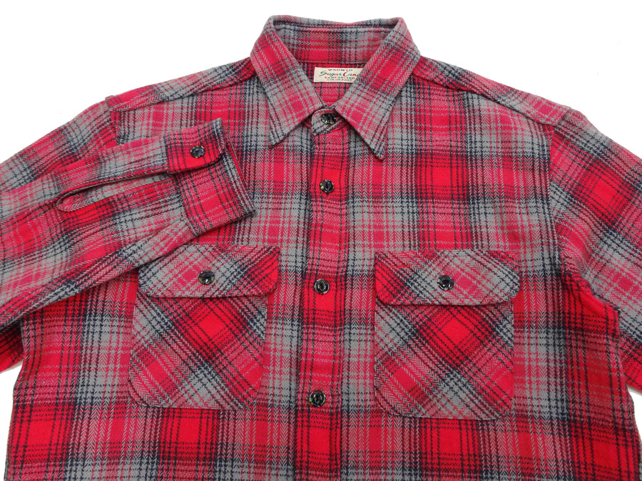 Sugar Cane Men's Vintage-Style Brushed Plaid Flannel Long-Sleeve Work Shirt - Fiction Romance Collection - 100% Cotton Herringbone Twill, Made in Japan (SC29584 165 Red)