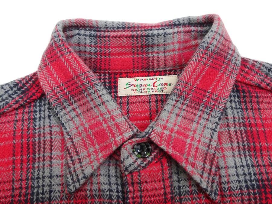 Sugar Cane Men's Vintage-Style Brushed Plaid Flannel Long-Sleeve Work Shirt - Fiction Romance Collection - 100% Cotton Herringbone Twill, Made in Japan (SC29584 165 Red)