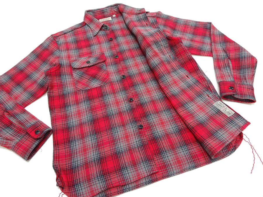 Sugar Cane Men's Vintage-Style Brushed Plaid Flannel Long-Sleeve Work Shirt - Fiction Romance Collection - 100% Cotton Herringbone Twill, Made in Japan (SC29584 165 Red)