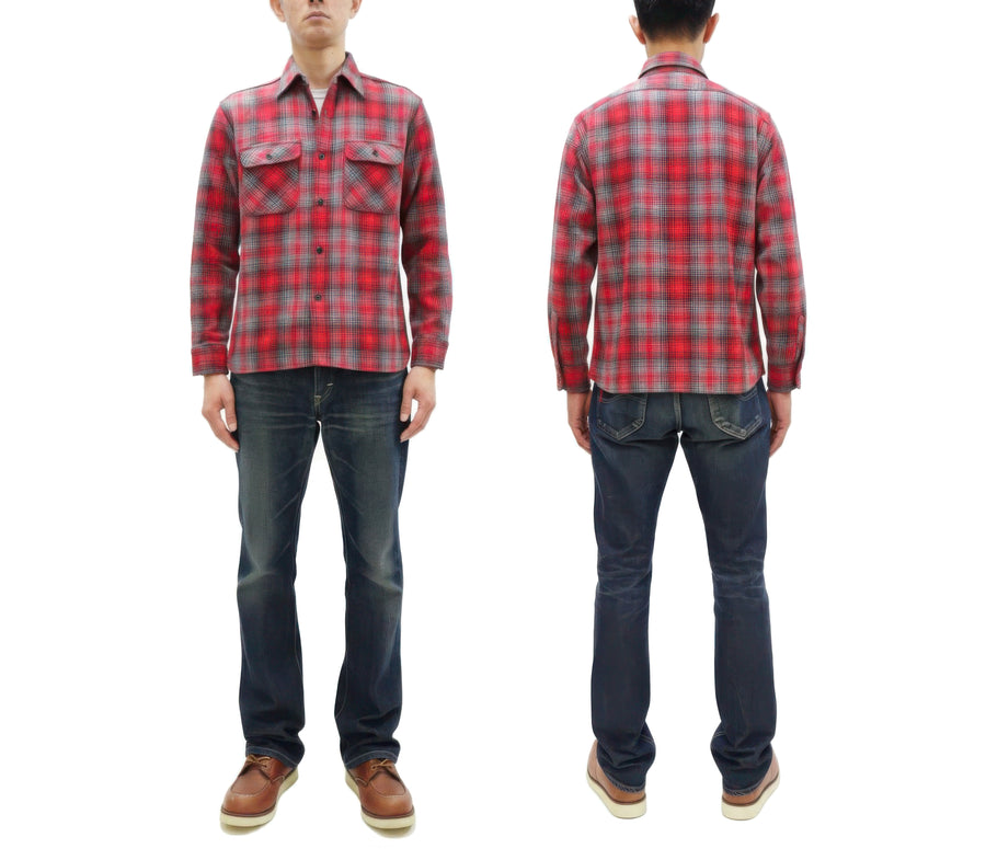 Sugar Cane Men's Vintage-Style Brushed Plaid Flannel Long-Sleeve Work Shirt - Fiction Romance Collection - 100% Cotton Herringbone Twill, Made in Japan (SC29584 165 Red)