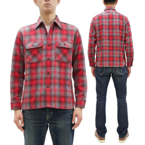 Sugar Cane Men's Vintage-Style Brushed Plaid Flannel Long-Sleeve Work Shirt - Fiction Romance Collection - 100% Cotton Herringbone Twill, Made in Japan (SC29584 165 Red)