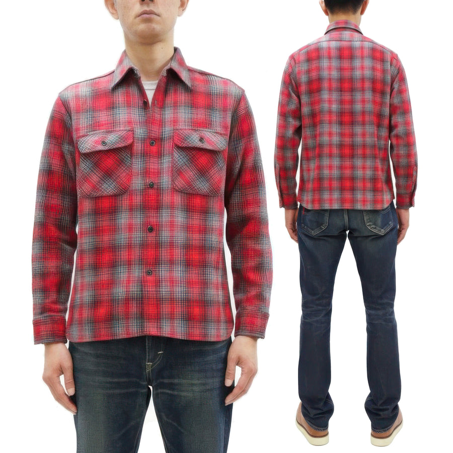 Sugar Cane Men's Vintage-Style Brushed Plaid Flannel Long-Sleeve Work Shirt - Fiction Romance Collection - 100% Cotton Herringbone Twill, Made in Japan (SC29584 165 Red)