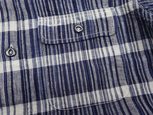 Sugar Cane Men's Indigo Plaid Long-Sleeve Work Shirt - Fiction Romance Collection - 100% Cotton, Inspired by Traditional Japanese Kimono Fabric, Made in Japan (SC29591 421A Navy)