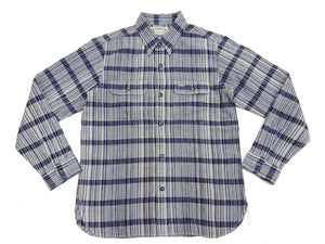 Sugar Cane Men's Indigo Plaid Long-Sleeve Work Shirt - Fiction Romance Collection - 100% Cotton, Inspired by Traditional Japanese Kimono Fabric, Made in Japan (SC29591 401A Off White)