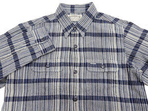 Sugar Cane Men's Indigo Plaid Long-Sleeve Work Shirt - Fiction Romance Collection - 100% Cotton, Inspired by Traditional Japanese Kimono Fabric, Made in Japan (SC29591 401A Off White)
