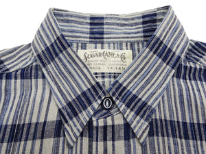 Sugar Cane Men's Indigo Plaid Long-Sleeve Work Shirt - Fiction Romance Collection - 100% Cotton, Inspired by Traditional Japanese Kimono Fabric, Made in Japan (SC29591 401A Off White)