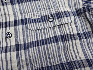 Sugar Cane Men's Indigo Plaid Long-Sleeve Work Shirt - Fiction Romance Collection - 100% Cotton, Inspired by Traditional Japanese Kimono Fabric, Made in Japan (SC29591 401A Off White)
