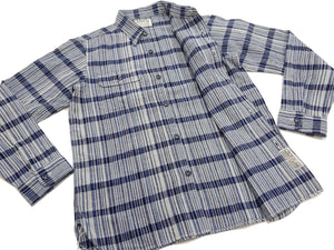 Sugar Cane Men's Indigo Plaid Long-Sleeve Work Shirt - Fiction Romance Collection - 100% Cotton, Inspired by Traditional Japanese Kimono Fabric, Made in Japan (SC29591 401A Off White)