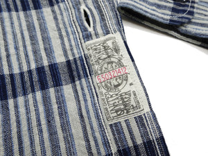 Sugar Cane Men's Indigo Plaid Long-Sleeve Work Shirt - Fiction Romance Collection - 100% Cotton, Inspired by Traditional Japanese Kimono Fabric, Made in Japan (SC29591 401A Off White)
