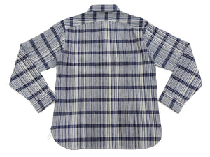 Sugar Cane Men's Indigo Plaid Long-Sleeve Work Shirt - Fiction Romance Collection - 100% Cotton, Inspired by Traditional Japanese Kimono Fabric, Made in Japan (SC29591 401A Off White)