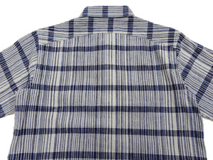 Sugar Cane Men's Indigo Plaid Long-Sleeve Work Shirt - Fiction Romance Collection - 100% Cotton, Inspired by Traditional Japanese Kimono Fabric, Made in Japan (SC29591 401A Off White)