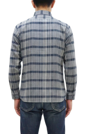 Sugar Cane Men's Indigo Plaid Long-Sleeve Work Shirt - Fiction Romance Collection - 100% Cotton, Inspired by Traditional Japanese Kimono Fabric, Made in Japan (SC29591 401A Off White)
