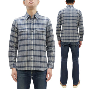 Sugar Cane Men's Indigo Plaid Long-Sleeve Work Shirt - Fiction Romance Collection - 100% Cotton, Inspired by Traditional Japanese Kimono Fabric, Made in Japan (SC29591 401A Off White)