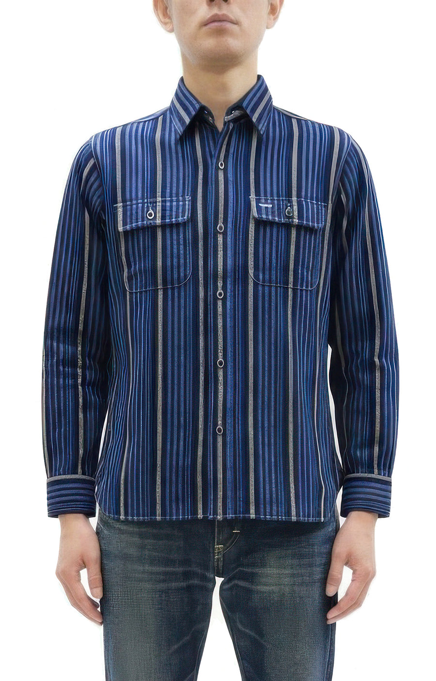 Sugar Cane Men's Indigo Vertical Multi-Stripe Long-Sleeve Work Shirt - Fiction Romance Collection - 100% Cotton, Inspired by Traditional Japanese Kimono Fabric, Made in Japan (SC29592 421A Navy)
