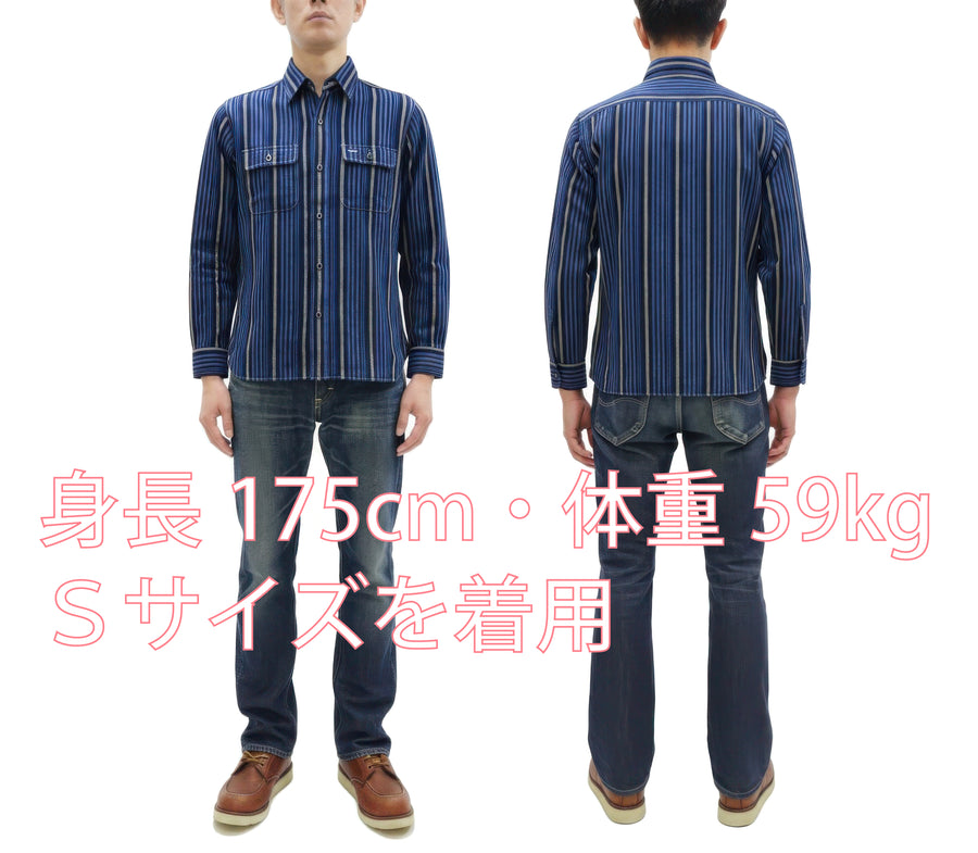 Sugar Cane Men's Indigo Vertical Multi-Stripe Long-Sleeve Work Shirt - Fiction Romance Collection - 100% Cotton, Inspired by Traditional Japanese Kimono Fabric, Made in Japan (SC29592 421A Navy)