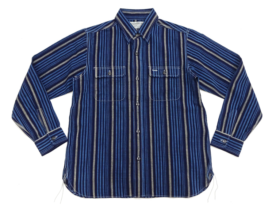 Sugar Cane Men's Indigo Vertical Multi-Stripe Long-Sleeve Work Shirt - Fiction Romance Collection - 100% Cotton, Inspired by Traditional Japanese Kimono Fabric, Made in Japan (SC29592 421A Navy)