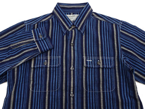 Sugar Cane Men's Indigo Vertical Multi-Stripe Long-Sleeve Work Shirt - Fiction Romance Collection - 100% Cotton, Inspired by Traditional Japanese Kimono Fabric, Made in Japan (SC29592 421A Navy)