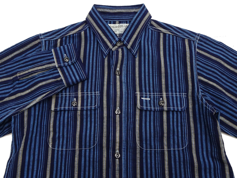 Sugar Cane Men's Indigo Vertical Multi-Stripe Long-Sleeve Work Shirt - Fiction Romance Collection - 100% Cotton, Inspired by Traditional Japanese Kimono Fabric, Made in Japan (SC29592 421A Navy)