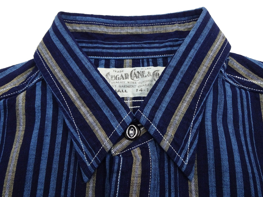 Sugar Cane Men's Indigo Vertical Multi-Stripe Long-Sleeve Work Shirt - Fiction Romance Collection - 100% Cotton, Inspired by Traditional Japanese Kimono Fabric, Made in Japan (SC29592 421A Navy)