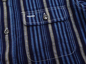 Sugar Cane Men's Indigo Vertical Multi-Stripe Long-Sleeve Work Shirt - Fiction Romance Collection - 100% Cotton, Inspired by Traditional Japanese Kimono Fabric, Made in Japan (SC29592 421A Navy)