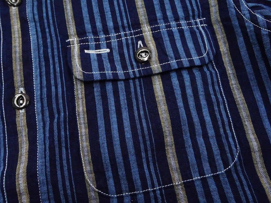 Sugar Cane Men's Indigo Vertical Multi-Stripe Long-Sleeve Work Shirt - Fiction Romance Collection - 100% Cotton, Inspired by Traditional Japanese Kimono Fabric, Made in Japan (SC29592 421A Navy)