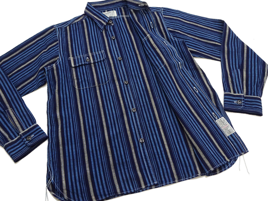 Sugar Cane Men's Indigo Vertical Multi-Stripe Long-Sleeve Work Shirt - Fiction Romance Collection - 100% Cotton, Inspired by Traditional Japanese Kimono Fabric, Made in Japan (SC29592 421A Navy)