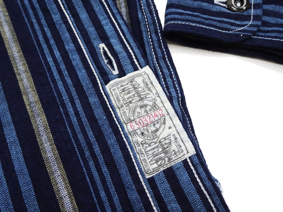 Sugar Cane Men's Indigo Vertical Multi-Stripe Long-Sleeve Work Shirt - Fiction Romance Collection - 100% Cotton, Inspired by Traditional Japanese Kimono Fabric, Made in Japan (SC29592 421A Navy)