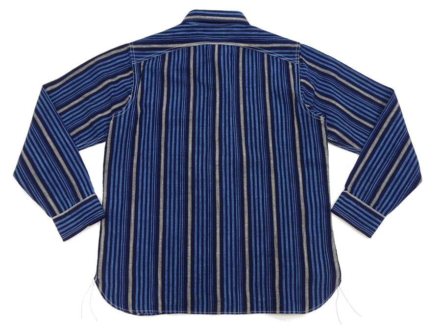 Sugar Cane Men's Indigo Vertical Multi-Stripe Long-Sleeve Work Shirt - Fiction Romance Collection - 100% Cotton, Inspired by Traditional Japanese Kimono Fabric, Made in Japan (SC29592 421A Navy)