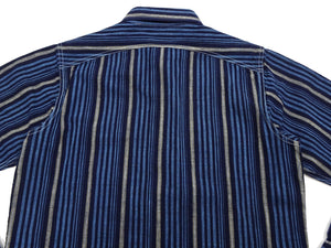 Sugar Cane Men's Indigo Vertical Multi-Stripe Long-Sleeve Work Shirt - Fiction Romance Collection - 100% Cotton, Inspired by Traditional Japanese Kimono Fabric, Made in Japan (SC29592 421A Navy)
