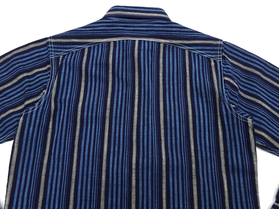 Sugar Cane Men's Indigo Vertical Multi-Stripe Long-Sleeve Work Shirt - Fiction Romance Collection - 100% Cotton, Inspired by Traditional Japanese Kimono Fabric, Made in Japan (SC29592 421A Navy)