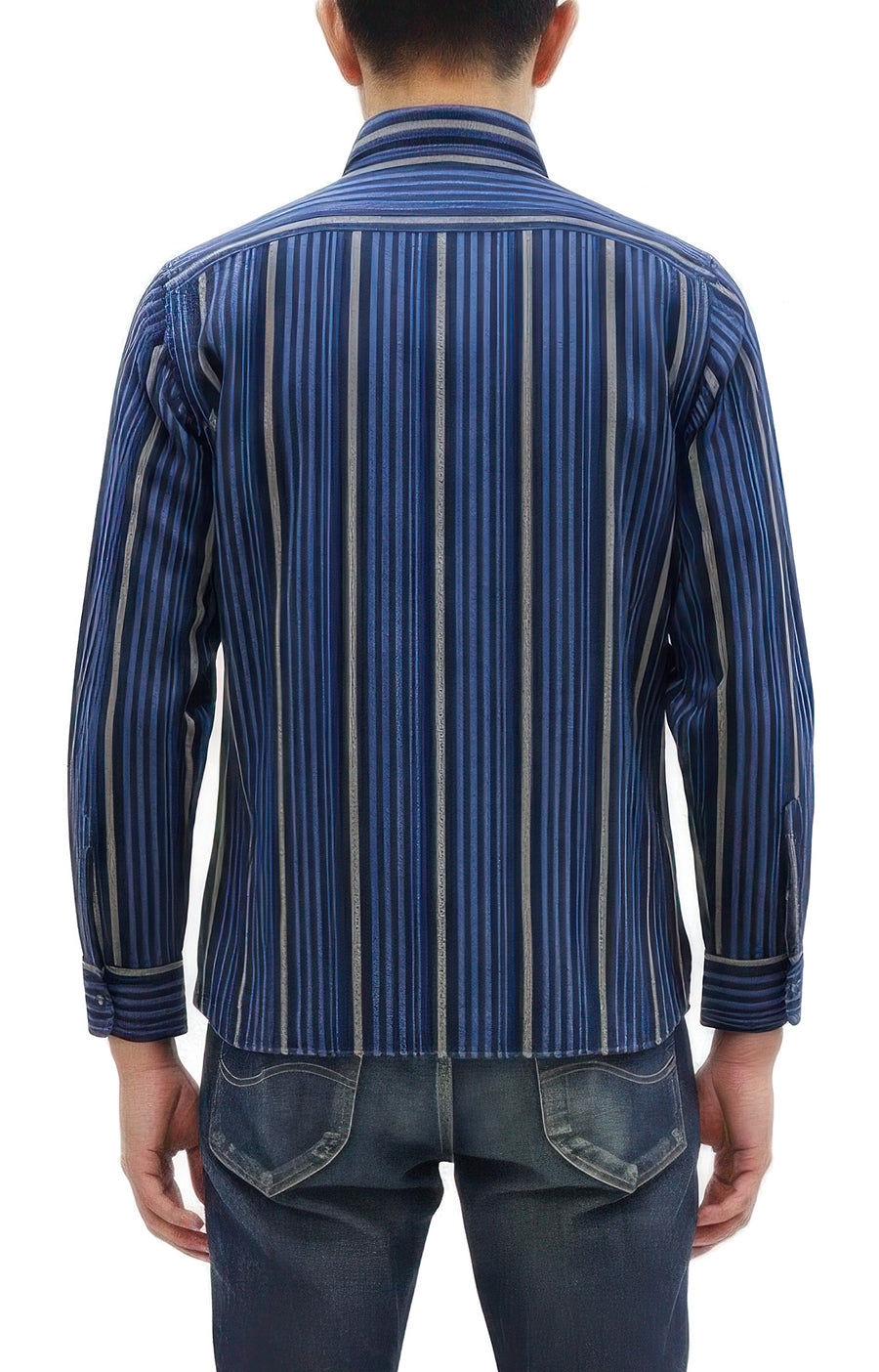 Sugar Cane Men's Indigo Vertical Multi-Stripe Long-Sleeve Work Shirt - Fiction Romance Collection - 100% Cotton, Inspired by Traditional Japanese Kimono Fabric, Made in Japan (SC29592 421A Navy)