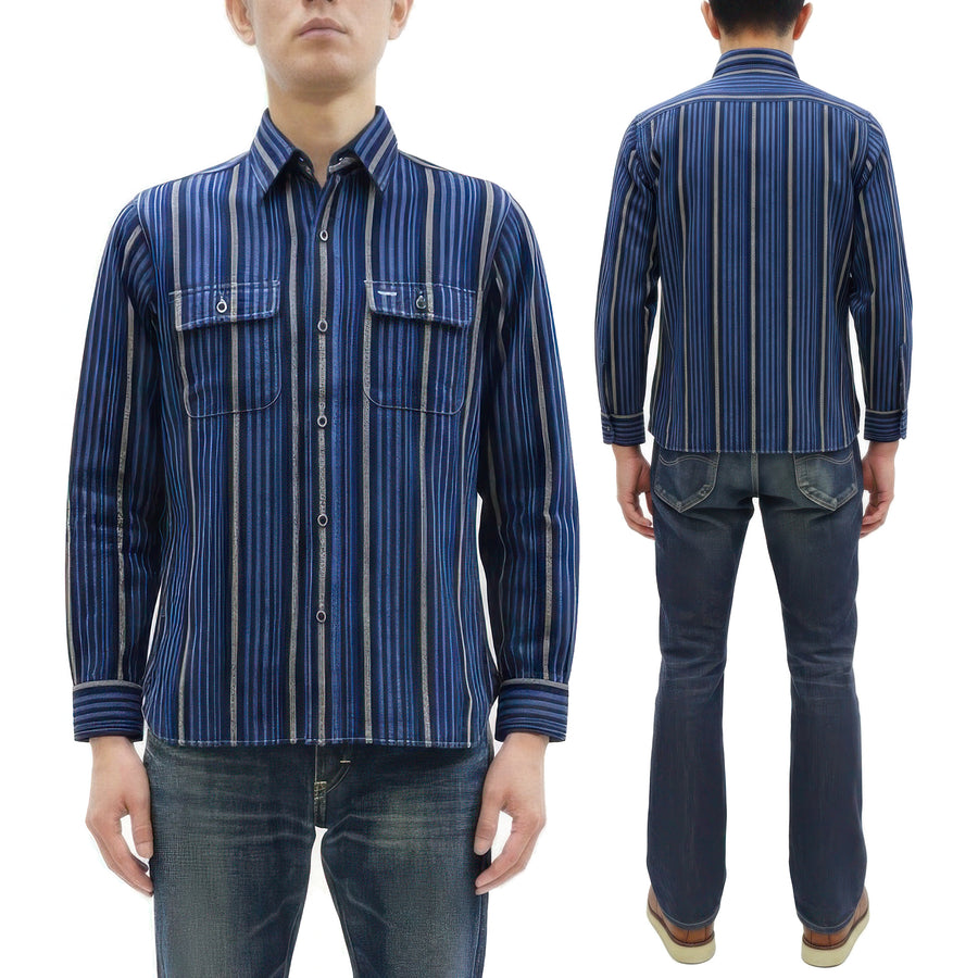 Sugar Cane Men's Indigo Vertical Multi-Stripe Long-Sleeve Work Shirt - Fiction Romance Collection - 100% Cotton, Inspired by Traditional Japanese Kimono Fabric, Made in Japan (SC29592 421A Navy)