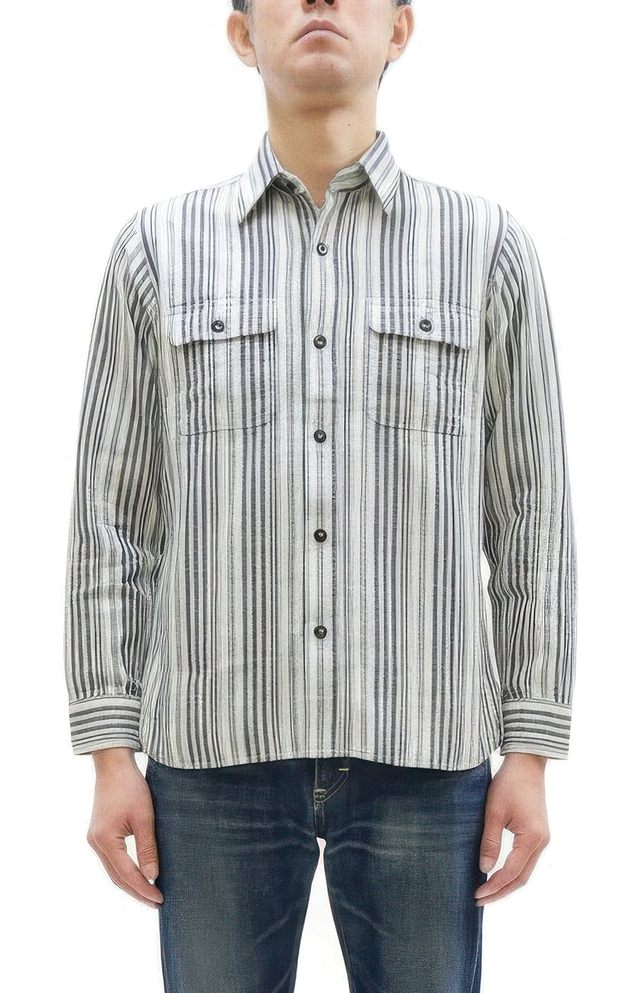 Sugar Cane Men's Indigo Vertical Multi-Stripe Long-Sleeve Work Shirt - Fiction Romance Collection - 100% Cotton, Inspired by Traditional Japanese Kimono Fabric, Made in Japan (SC29592 401A Off White)