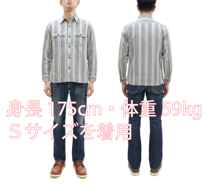 Sugar Cane Men's Indigo Vertical Multi-Stripe Long-Sleeve Work Shirt - Fiction Romance Collection - 100% Cotton, Inspired by Traditional Japanese Kimono Fabric, Made in Japan (SC29592 401A Off White)