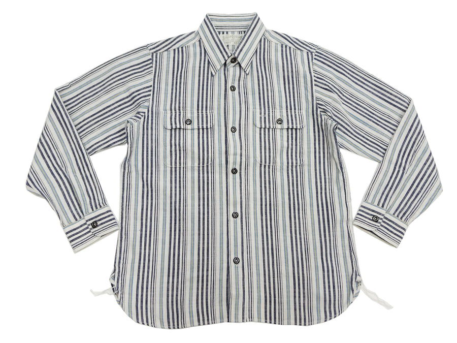 Sugar Cane Men's Indigo Vertical Multi-Stripe Long-Sleeve Work Shirt - Fiction Romance Collection - 100% Cotton, Inspired by Traditional Japanese Kimono Fabric, Made in Japan (SC29592 401A Off White)