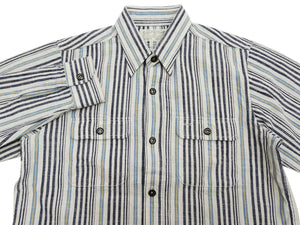 Sugar Cane Men's Indigo Vertical Multi-Stripe Long-Sleeve Work Shirt - Fiction Romance Collection - 100% Cotton, Inspired by Traditional Japanese Kimono Fabric, Made in Japan (SC29592 401A Off White)