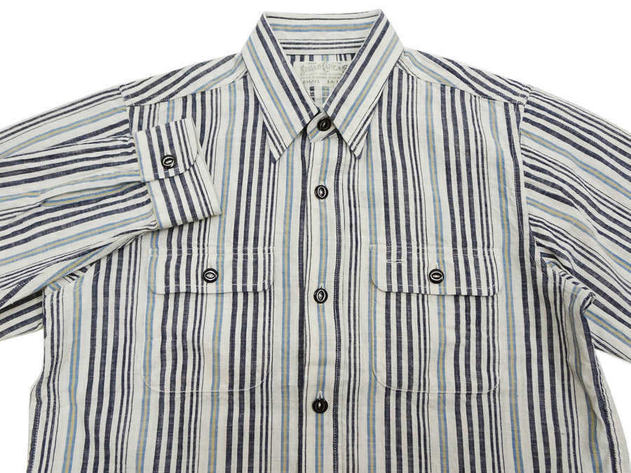 Sugar Cane Men's Indigo Vertical Multi-Stripe Long-Sleeve Work Shirt - Fiction Romance Collection - 100% Cotton, Inspired by Traditional Japanese Kimono Fabric, Made in Japan (SC29592 401A Off White)