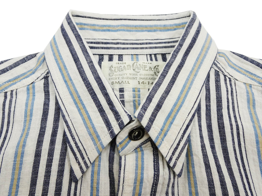 Sugar Cane Men's Indigo Vertical Multi-Stripe Long-Sleeve Work Shirt - Fiction Romance Collection - 100% Cotton, Inspired by Traditional Japanese Kimono Fabric, Made in Japan (SC29592 401A Off White)