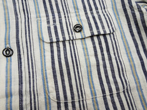Sugar Cane Men's Indigo Vertical Multi-Stripe Long-Sleeve Work Shirt - Fiction Romance Collection - 100% Cotton, Inspired by Traditional Japanese Kimono Fabric, Made in Japan (SC29592 401A Off White)