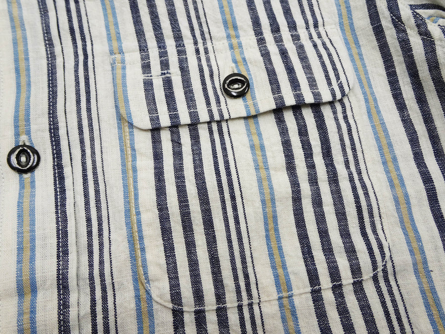 Sugar Cane Men's Indigo Vertical Multi-Stripe Long-Sleeve Work Shirt - Fiction Romance Collection - 100% Cotton, Inspired by Traditional Japanese Kimono Fabric, Made in Japan (SC29592 401A Off White)