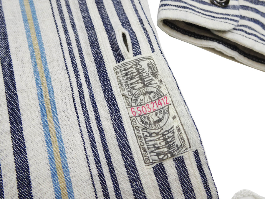 Sugar Cane Men's Indigo Vertical Multi-Stripe Long-Sleeve Work Shirt - Fiction Romance Collection - 100% Cotton, Inspired by Traditional Japanese Kimono Fabric, Made in Japan (SC29592 401A Off White)