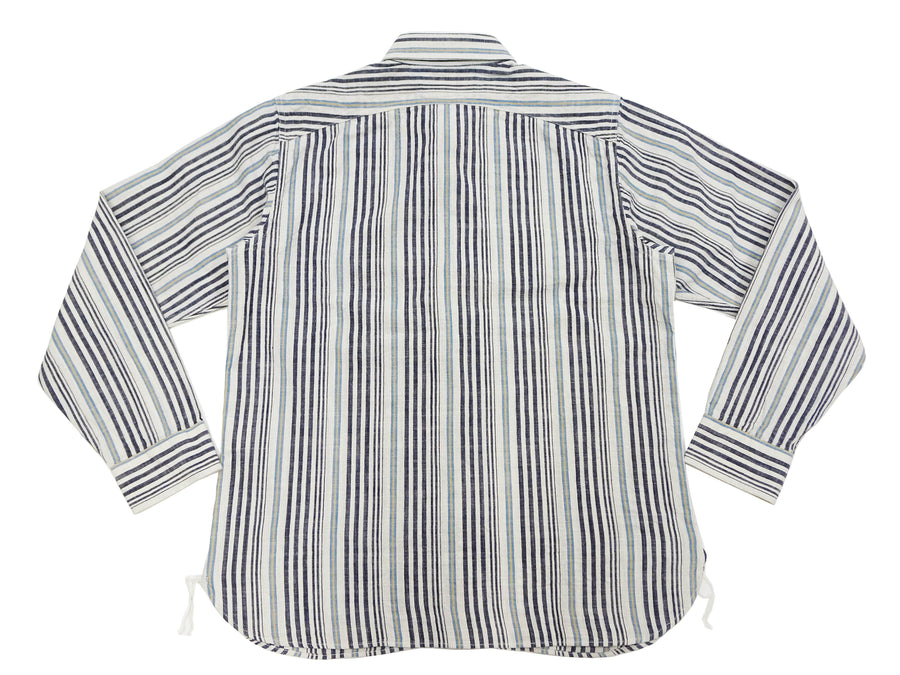 Sugar Cane Men's Indigo Vertical Multi-Stripe Long-Sleeve Work Shirt - Fiction Romance Collection - 100% Cotton, Inspired by Traditional Japanese Kimono Fabric, Made in Japan (SC29592 401A Off White)
